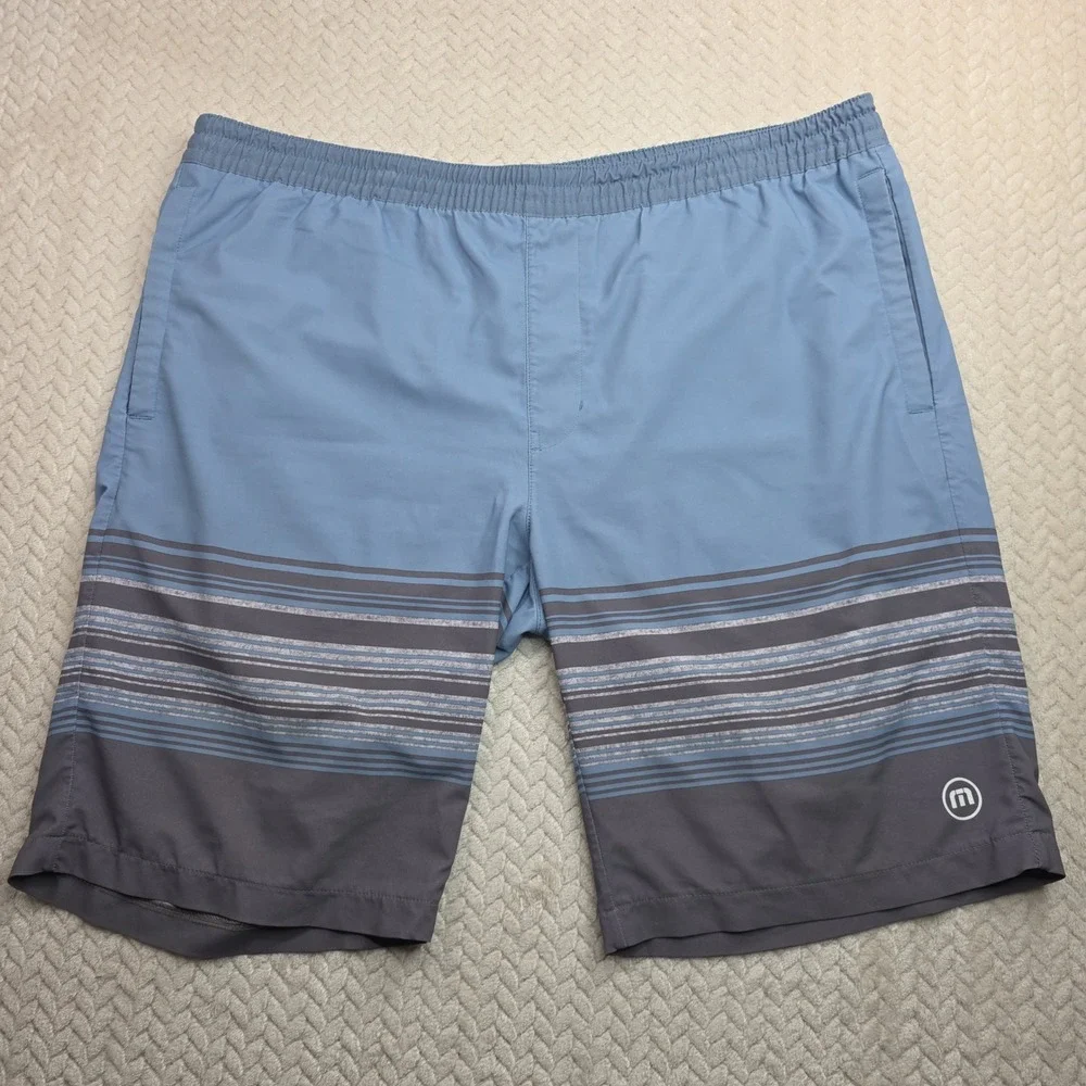 TravisMathew‎ Mens Blue Grey Striped Board Shorts Swim Trunks Elastic Waist 40W